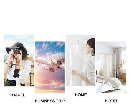 Collage of travel scenes: a woman photographing, airplane, home setting, and hotel room.