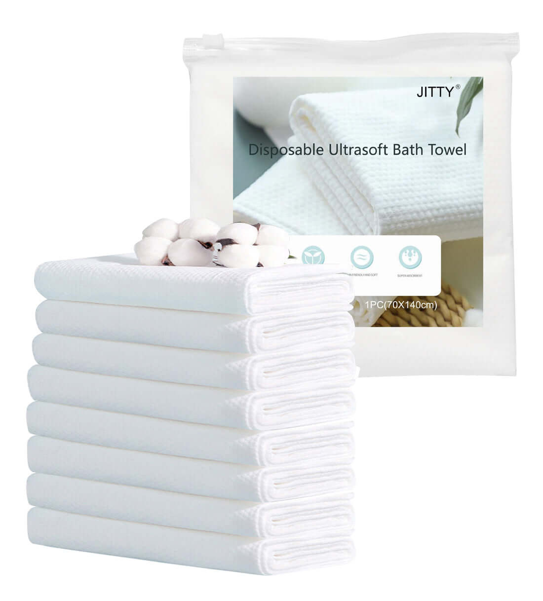 JITTY travel-size disposable bath towels in a stack next to a pack, made of soft cotton and ideal for home, hotel, and travel.