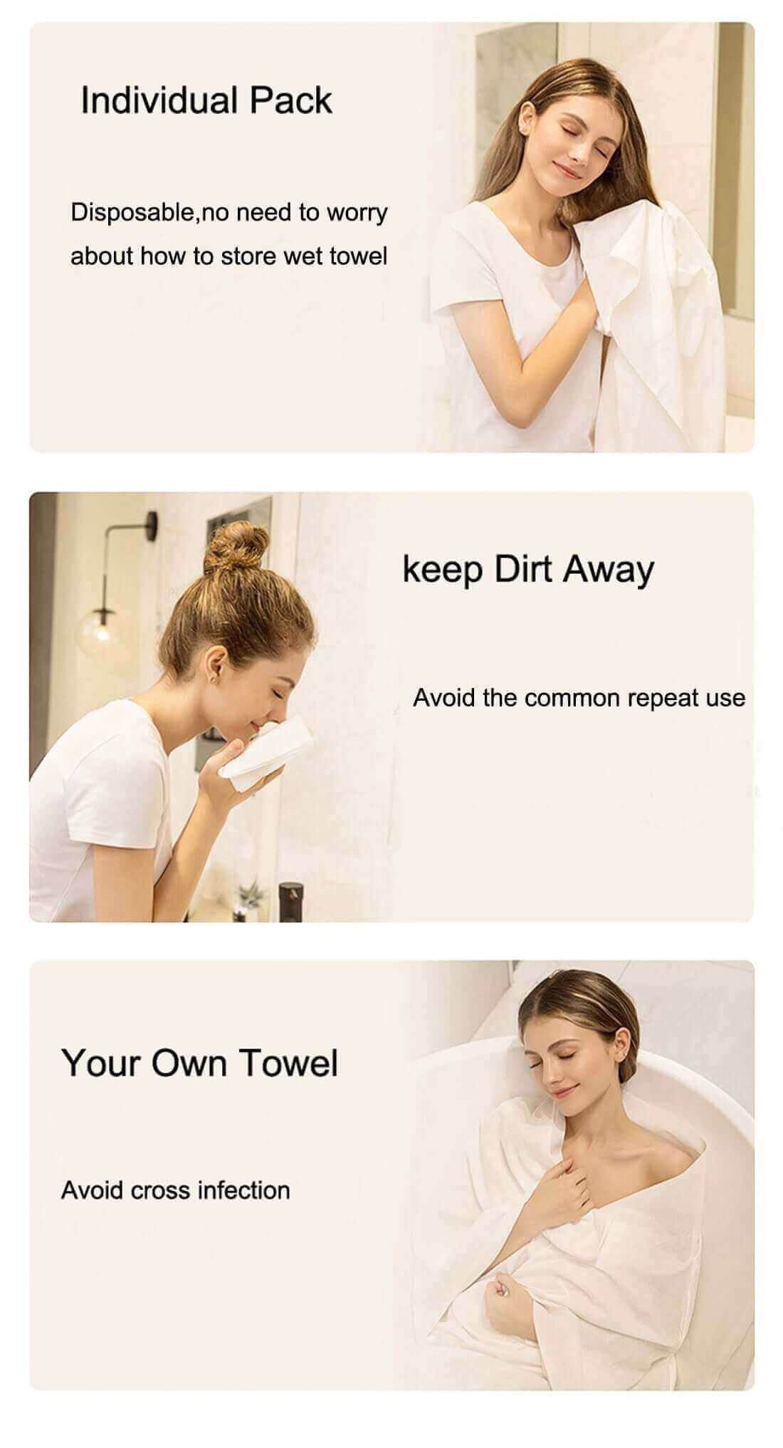 Collage of three benefits of luxury disposable hand towels: individual packing, dirt prevention, and cross-infection avoidance.