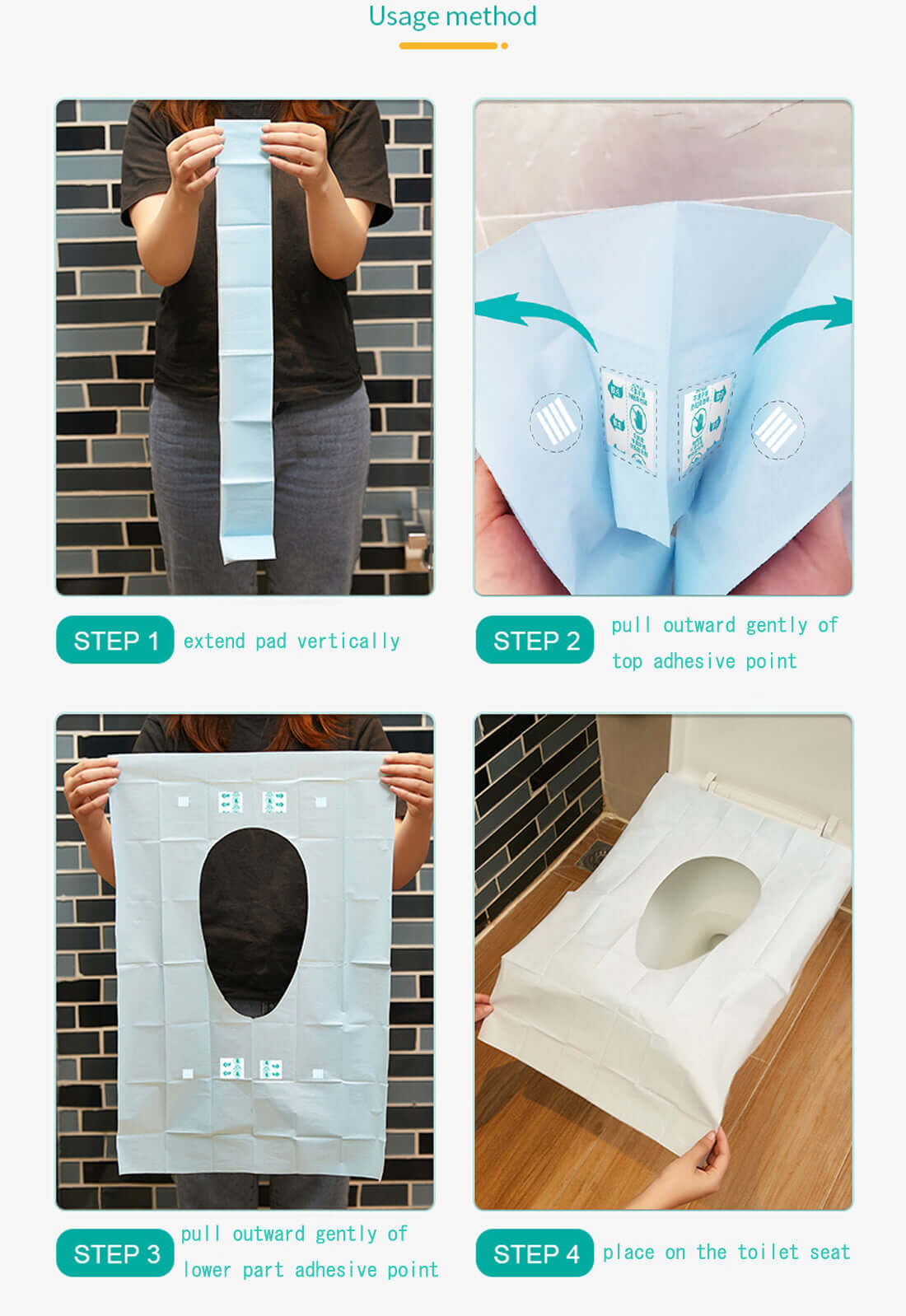 Instructions for using JITTY Toilet Seat Covers: step-by-step guide for easy application in public restrooms.