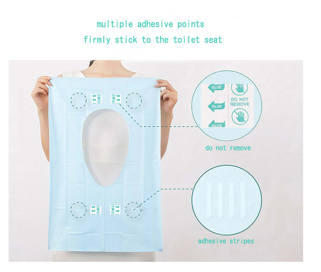 JITTY Premium Disposable Toilet Seat Cover being held, showcasing multiple adhesive points and hygienic design.