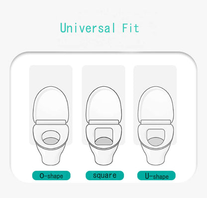 Diagram showing Universal Fit toilet seat covers for O-shape, square, and U-shape toilets.