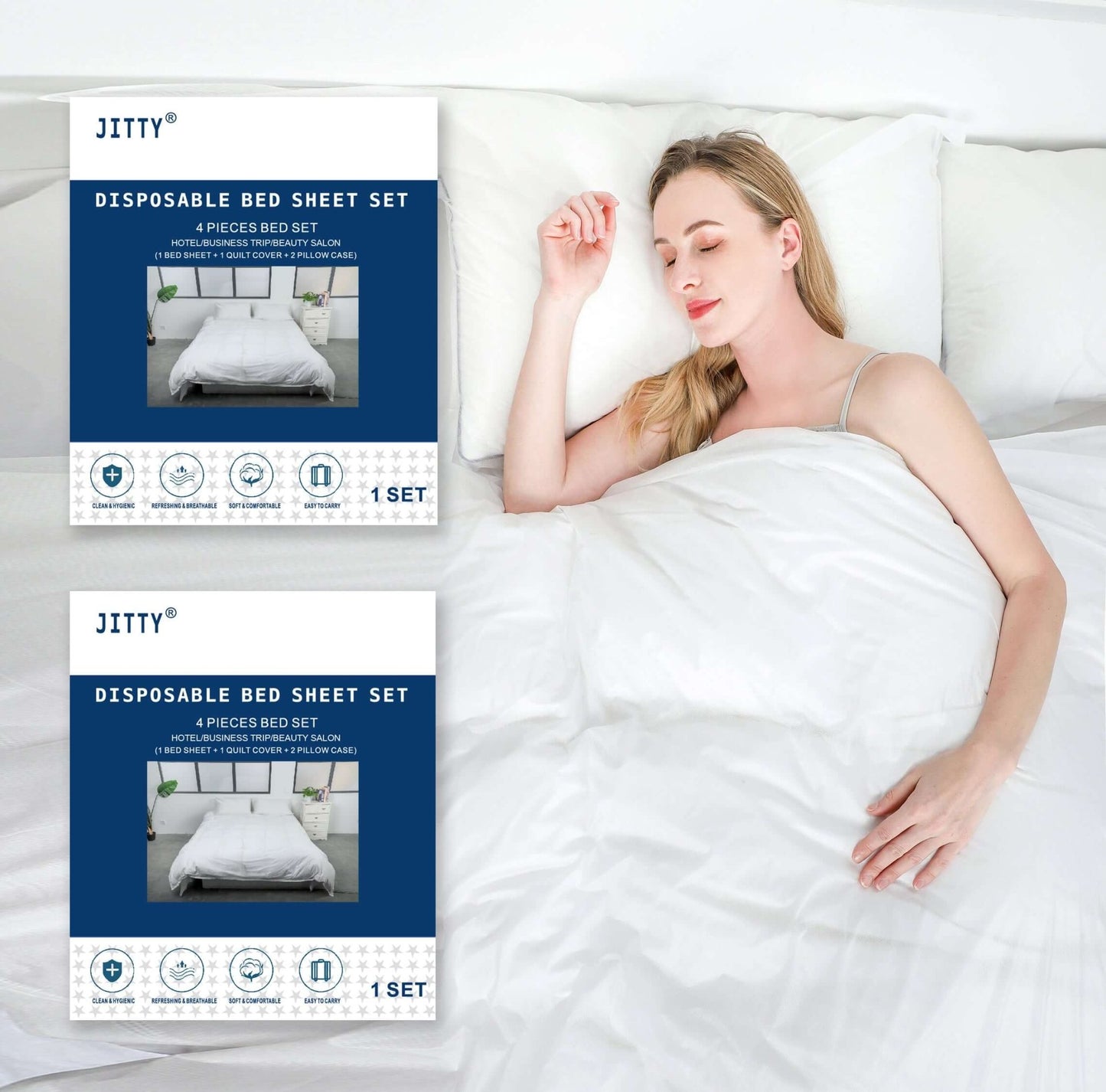 JITTY eco-friendly disposable bed sheet set featuring a woman sleeping peacefully, includes 4 pieces for hygienic use.