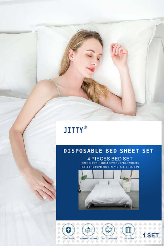 JITTY disposable bed sheet set for hotels and travel, featuring 4 pieces, hygienic and comfortable for a good night's sleep.